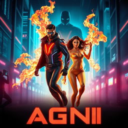 A cinematic science fiction action superhero film poster titled 'AGNI', featuring a modern Indian man and woman in futuristic full-body superhero costumes that showcase their extraordinary fire-based powers