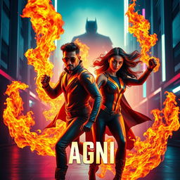 A cinematic science fiction action superhero film poster titled 'AGNI', featuring a modern Indian man and woman in futuristic full-body superhero costumes that showcase their extraordinary fire-based powers