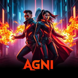 A cinematic science fiction action superhero film poster titled 'AGNI', featuring a modern Indian man and woman in futuristic full-body superhero costumes that showcase their extraordinary fire-based powers