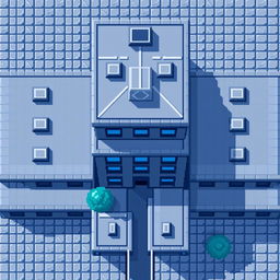 A pixel art building viewed from above, featuring various shades of grey and blue, in a 128x128 resolution