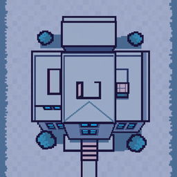 A pixel art building viewed from above, featuring various shades of grey and blue, in a 128x128 resolution