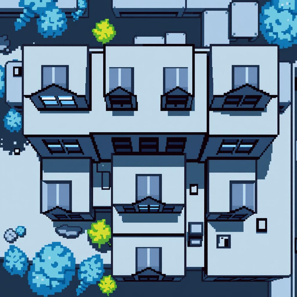 A pixel art building viewed from above, featuring various shades of grey and blue, in a 128x128 resolution