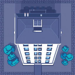 A pixel art building viewed from above, featuring various shades of grey and blue, in a 128x128 resolution