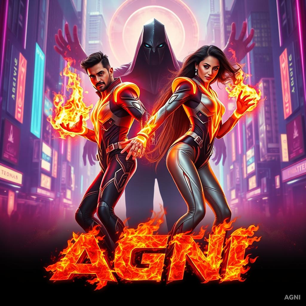 A cinematic sci-fi action superhero film poster titled 'AGNI', featuring a modern Indian man and woman, both in futuristic full body superhero costumes that incorporate sleek, neon-lit designs