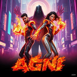 A cinematic sci-fi action superhero film poster titled 'AGNI', featuring a modern Indian man and woman, both in futuristic full body superhero costumes that incorporate sleek, neon-lit designs