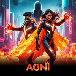 A cinematic sci-fi action superhero film poster titled 'AGNI', featuring a modern Indian man and woman, both in futuristic full body superhero costumes that incorporate sleek, neon-lit designs