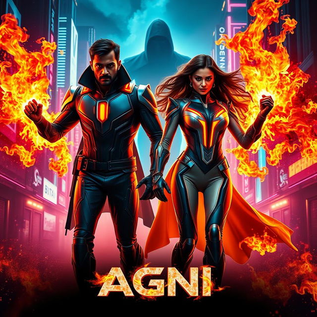 A cinematic sci-fi action superhero film poster titled 'AGNI', featuring a modern Indian man and woman, both in futuristic full body superhero costumes that incorporate sleek, neon-lit designs