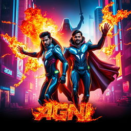 A cinematic sci-fi action superhero film poster titled 'AGNI', featuring a modern Indian man and woman, both in futuristic full body superhero costumes that incorporate sleek, neon-lit designs