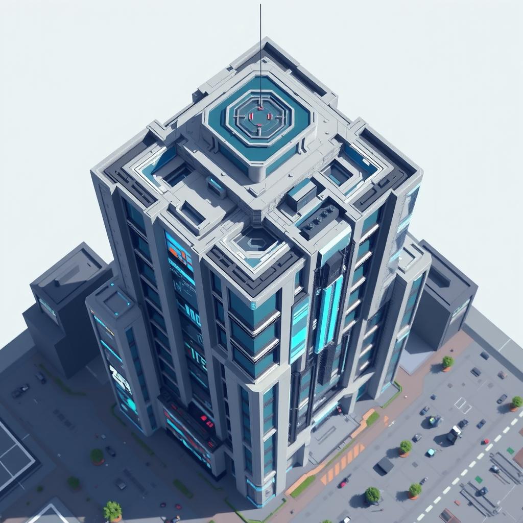 A futuristic pixel art building viewed from above, featuring a sleek, modern design