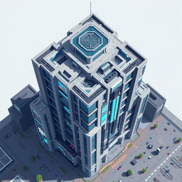 A futuristic pixel art building viewed from above, featuring a sleek, modern design