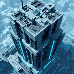 A futuristic pixel art building viewed from above, featuring a sleek, modern design