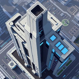 A futuristic pixel art building viewed from above, featuring a sleek, modern design