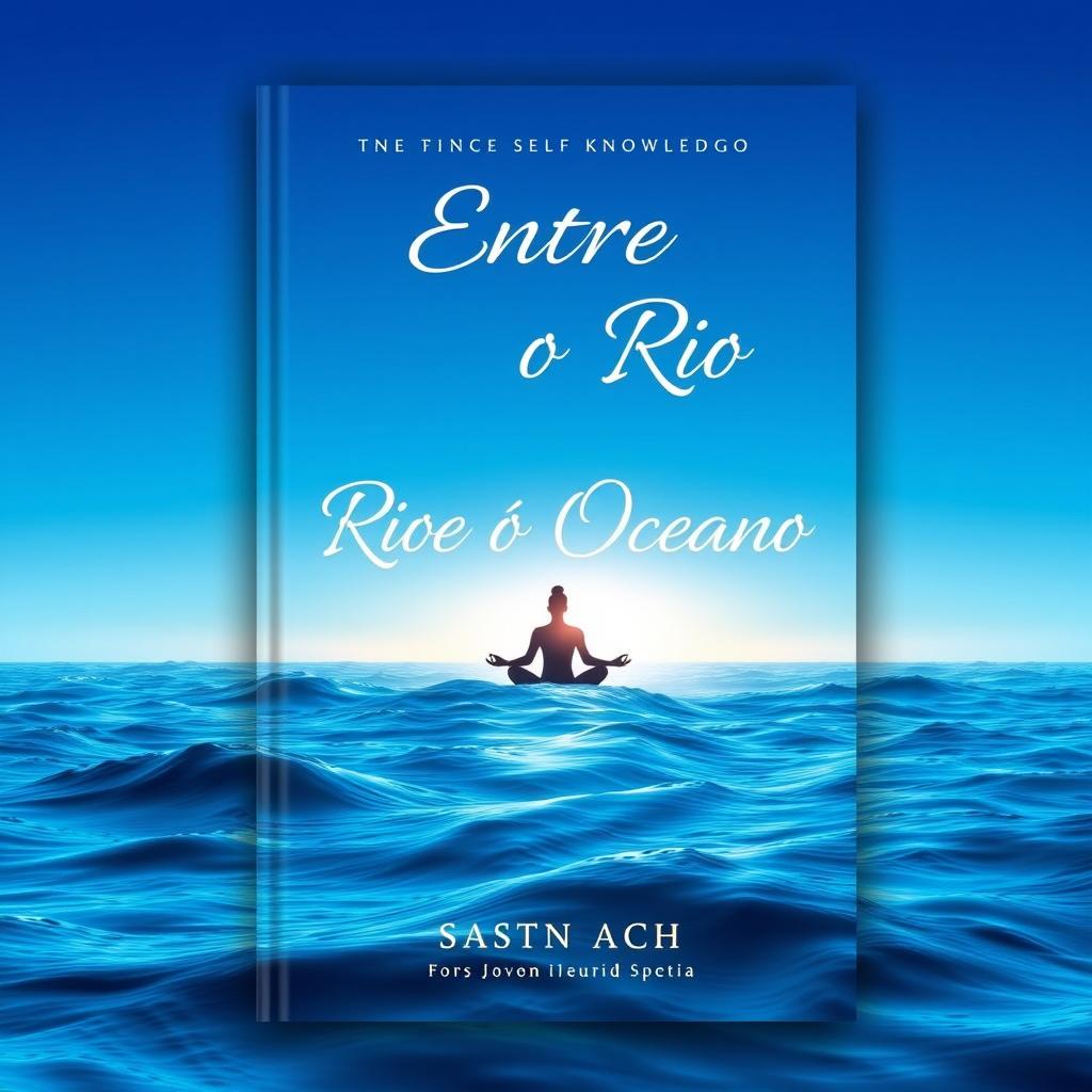 A book cover design titled "Entre o Rio e o Oceano" featuring a stunning gradient background that transitions from deep ocean blue at the bottom to a serene and illuminated sky at the top, symbolizing the journey of self-knowledge