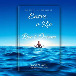 A book cover design titled "Entre o Rio e o Oceano" featuring a stunning gradient background that transitions from deep ocean blue at the bottom to a serene and illuminated sky at the top, symbolizing the journey of self-knowledge