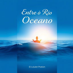 A book cover design titled "Entre o Rio e o Oceano" featuring a stunning gradient background that transitions from deep ocean blue at the bottom to a serene and illuminated sky at the top, symbolizing the journey of self-knowledge