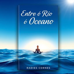 A book cover design titled "Entre o Rio e o Oceano" featuring a stunning gradient background that transitions from deep ocean blue at the bottom to a serene and illuminated sky at the top, symbolizing the journey of self-knowledge