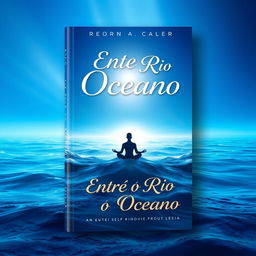 A book cover design titled "Entre o Rio e o Oceano" featuring a stunning gradient background that transitions from deep ocean blue at the bottom to a serene and illuminated sky at the top, symbolizing the journey of self-knowledge