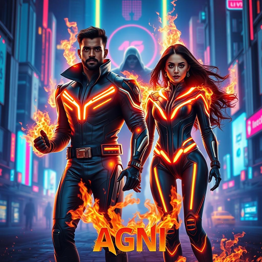 A cinematic sci-fi action superhero film poster titled 'AGNI', featuring a modern Indian man and woman, both showcasing extraordinary fire-based full body burning powers