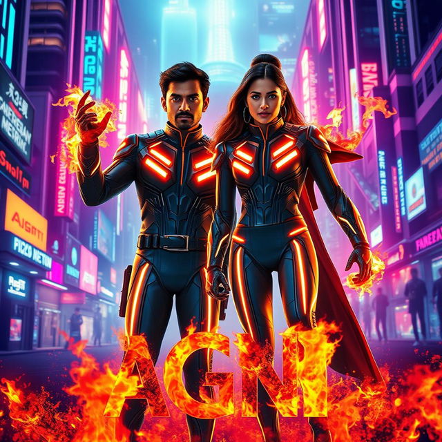 A cinematic sci-fi action superhero film poster titled 'AGNI', featuring a modern Indian man and woman, both showcasing extraordinary fire-based full body burning powers