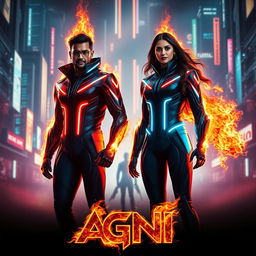 A cinematic sci-fi action superhero film poster titled 'AGNI', featuring a modern Indian man and woman, both showcasing extraordinary fire-based full body burning powers