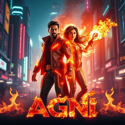 A cinematic sci-fi action superhero film poster titled 'AGNI', featuring a modern Indian man and woman, both showcasing extraordinary fire-based full body burning powers