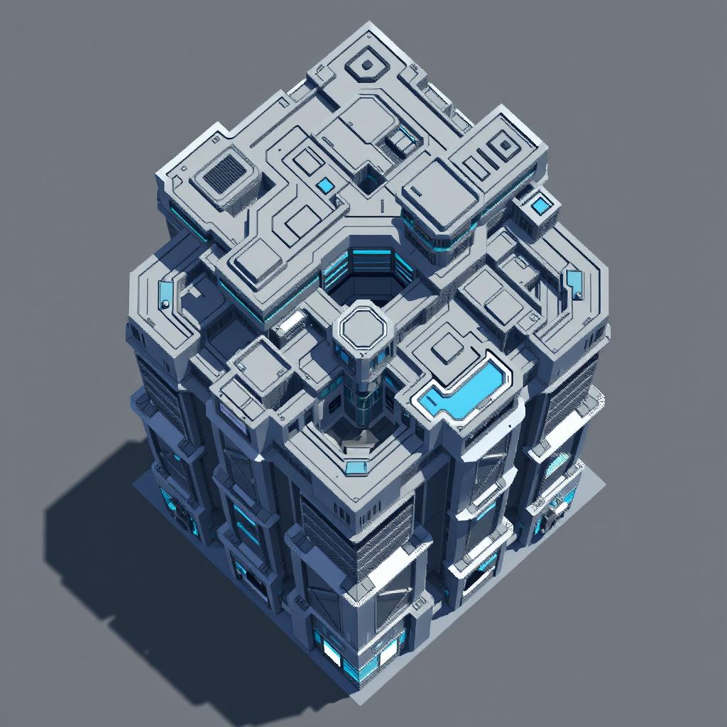 A futuristic 2D pixel art building viewed from above, showcasing a complex yet orderly design