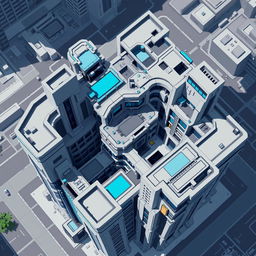 A futuristic 2D pixel art building viewed from above, showcasing a complex yet orderly design