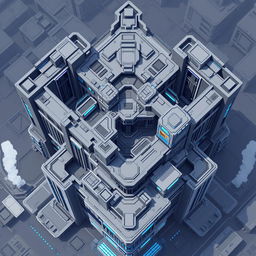 A futuristic 2D pixel art building viewed from above, showcasing a complex yet orderly design