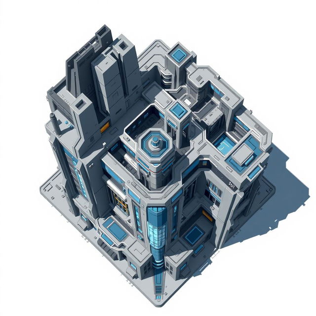 A futuristic 2D pixel art building viewed from above, showcasing a complex yet orderly design