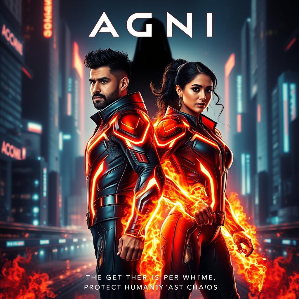 A cinematic sci-fi action superhero film poster titled 'AGNI'