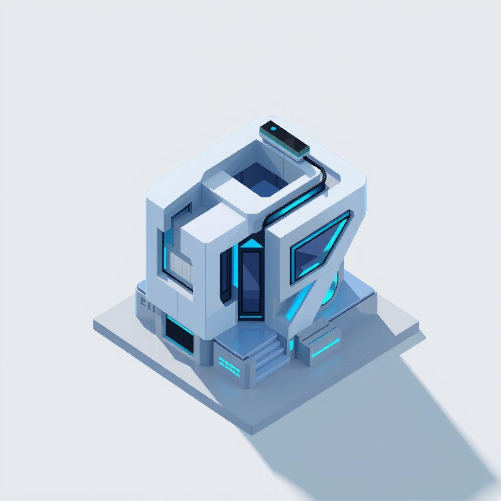 A small, pixelated 2D building designed in a futuristic style, viewed from above