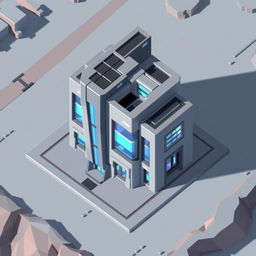 A small, pixelated 2D building designed in a futuristic style, viewed from above