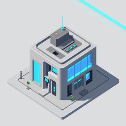 A small, pixelated 2D building designed in a futuristic style, viewed from above