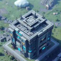 A pixelated small building resembling a futuristic Autobot structure, viewed from the top