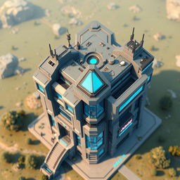 A pixelated small building resembling a futuristic Autobot structure, viewed from the top