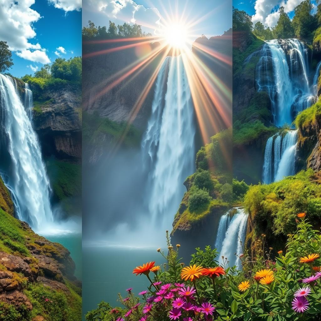 A stunning and breathtaking scene capturing various iconic waterfalls from around the world including Angel Falls in Venezuela, Iguazu Falls in Argentina, and Victoria Falls in Zambia