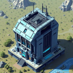 A pixelated small building resembling a futuristic Autobot structure, viewed from the top