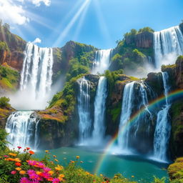 A stunning and breathtaking scene capturing various iconic waterfalls from around the world including Angel Falls in Venezuela, Iguazu Falls in Argentina, and Victoria Falls in Zambia