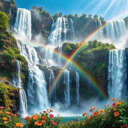 A stunning and breathtaking scene capturing various iconic waterfalls from around the world including Angel Falls in Venezuela, Iguazu Falls in Argentina, and Victoria Falls in Zambia
