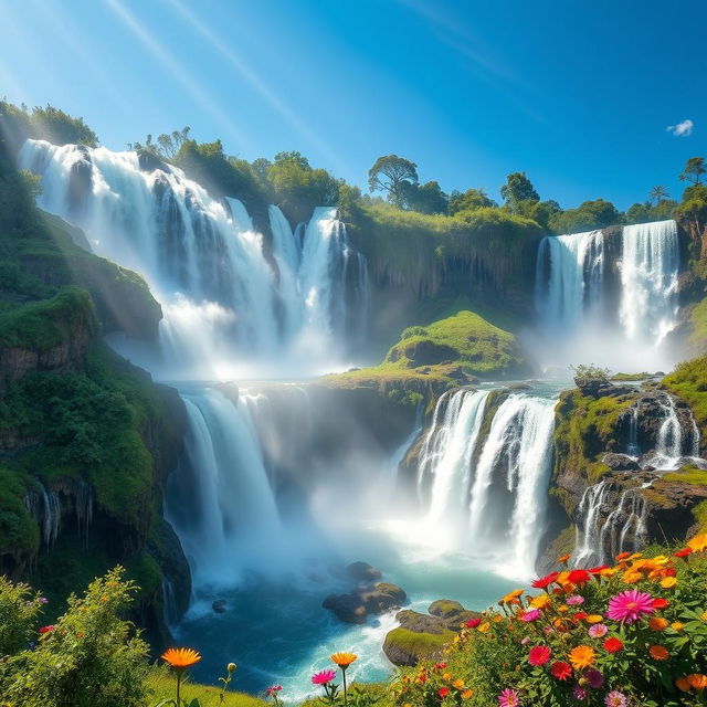 A stunning and breathtaking scene capturing various iconic waterfalls from around the world including Angel Falls in Venezuela, Iguazu Falls in Argentina, and Victoria Falls in Zambia