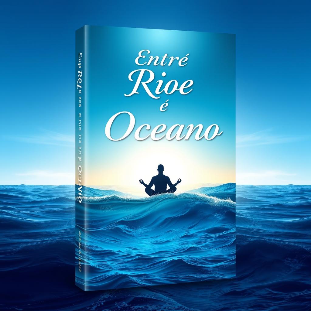 A book cover design for "Entre o Rio e o Oceano" featuring a beautiful gradient background transitioning from deep ocean blue at the bottom to a serene and illuminated sky at the top, symbolizing the journey of self-discovery