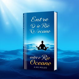 A book cover design for "Entre o Rio e o Oceano" featuring a beautiful gradient background transitioning from deep ocean blue at the bottom to a serene and illuminated sky at the top, symbolizing the journey of self-discovery