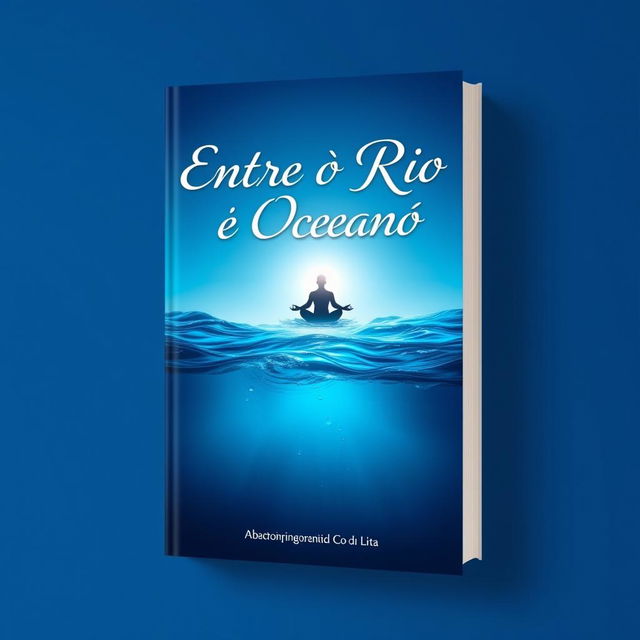 A book cover design for "Entre o Rio e o Oceano" featuring a beautiful gradient background transitioning from deep ocean blue at the bottom to a serene and illuminated sky at the top, symbolizing the journey of self-discovery