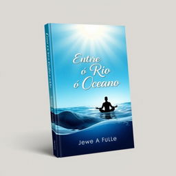 A book cover design for "Entre o Rio e o Oceano" featuring a beautiful gradient background transitioning from deep ocean blue at the bottom to a serene and illuminated sky at the top, symbolizing the journey of self-discovery