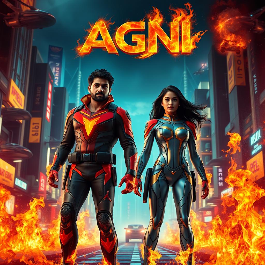 A cinematic sci-fi action superhero film poster titled 'AGNI', featuring a modern Indian man and woman in futuristic full-body superhero costumes