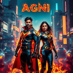 A cinematic sci-fi action superhero film poster titled 'AGNI', featuring a modern Indian man and woman in futuristic full-body superhero costumes