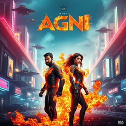 A cinematic sci-fi action superhero film poster titled 'AGNI', featuring a modern Indian man and woman in futuristic full-body superhero costumes