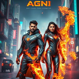 A cinematic sci-fi action superhero film poster titled 'AGNI', featuring a modern Indian man and woman in futuristic full-body superhero costumes