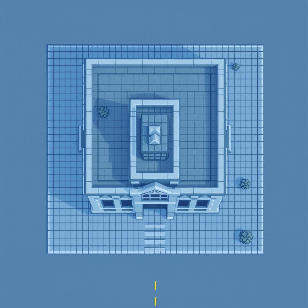 A top-down view of a building in pixel art style, featuring a gray-blue color palette