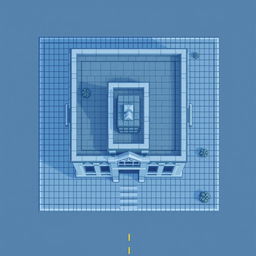 A top-down view of a building in pixel art style, featuring a gray-blue color palette